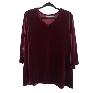 Susan Graver Womens 2X Burgundy Velvet V-Neck 3/4 Sleeve Tunic Top A297120